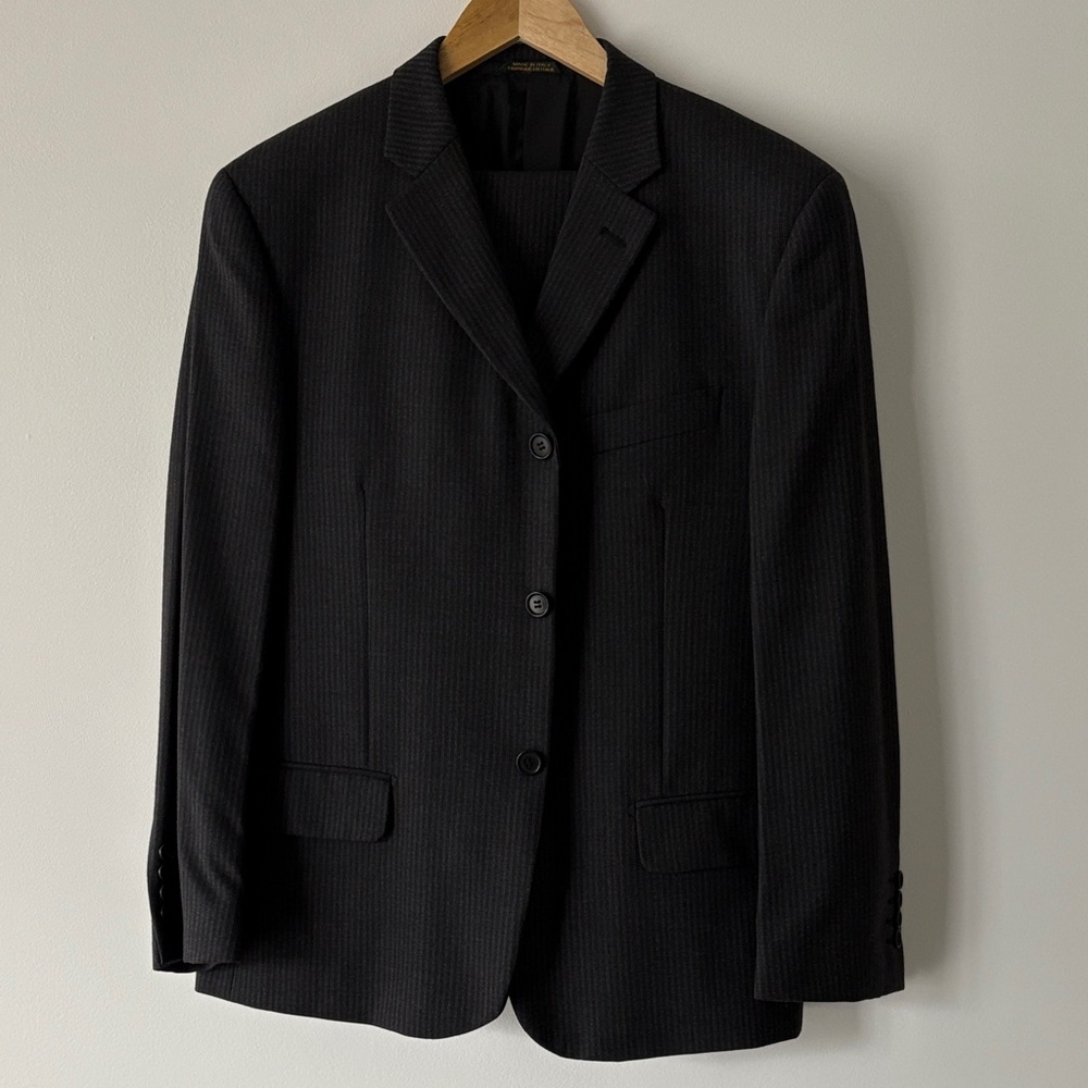 Principe Charcoal Grey Pinstripe 100% Wool Men's Suit, Size 42R